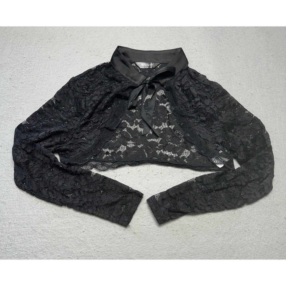 Allegra K Black Floral Lace Shrug Bolero Crop Top Collared Bow Tie Sz Small